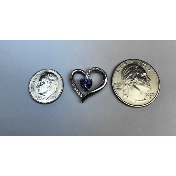 Sterling Silver 925 Heart Pendant with Amethyst Gemstone & CZ Accents Estate - Picture 8 of 9